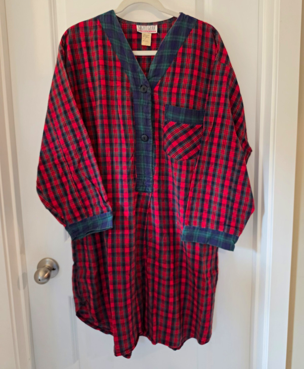 Vintage Night Gear Plaid Sleep Shirt Nightgown Red Green Cotton L 90s Cabin